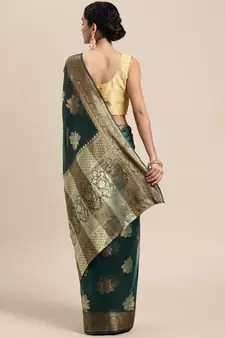 Dark Green Woven Organza Saree With Blouse