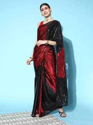 Red Sequins Georgette P y Wear Saree With Blouse 1