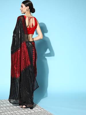 Red Sequins Georgette P y Wear Saree With Blouse 2