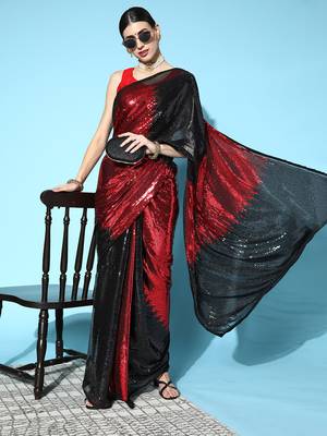 Red Sequins Georgette P y Wear Saree With Blouse 3