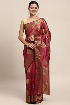 Wine Woven Organza Saree With Blouse