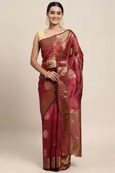 Wine Woven Organza Saree With Blouse