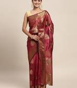 Wine Woven Organza Saree With Blouse