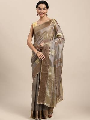 Grey Woven Organza Saree With Blouse 1