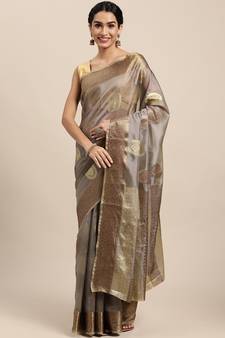 Grey Woven Organza Saree With Blouse
