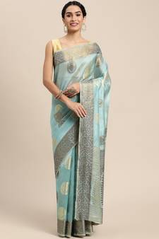 Sky Blue Woven Organza Saree With Blouse