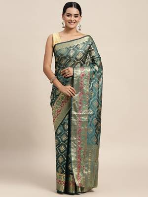 Dark Green Woven Organza Saree With Blouse 1