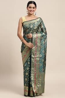 Dark Green Woven Organza Saree With Blouse