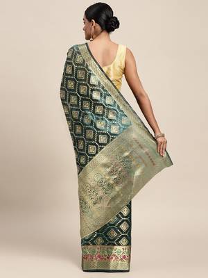 Dark Green Woven Organza Saree With Blouse 2