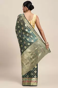 Dark Green Woven Organza Saree With Blouse