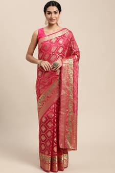 Rani Pink Woven Organza Saree With Blouse