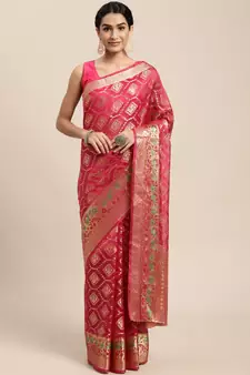 Rani Pink Woven Organza Saree With Blouse