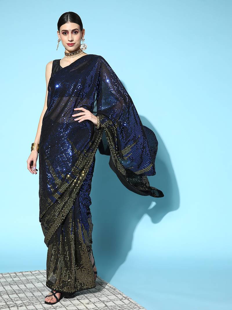Blue plain georgette saree with blouse
