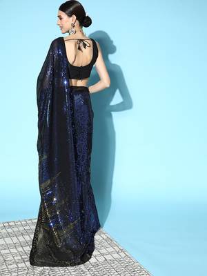 Blue plain georgette saree with blouse 2