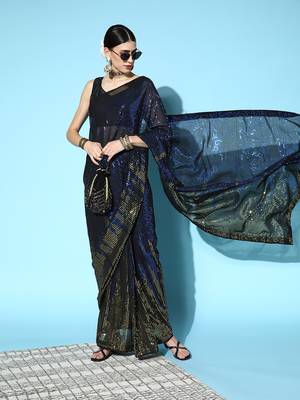 Blue plain georgette saree with blouse 3