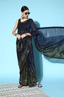 Blue plain georgette saree with blouse