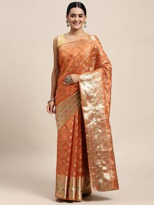 Orange Woven Organza Saree With Blouse 1