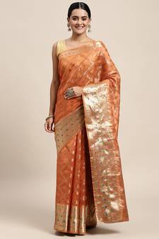 Orange Woven Organza Saree With Blouse