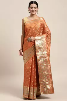 Orange Woven Organza Saree With Blouse