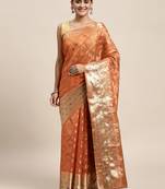 Orange Woven Organza Saree With Blouse