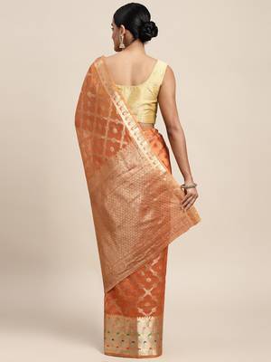 Orange Woven Organza Saree With Blouse 2