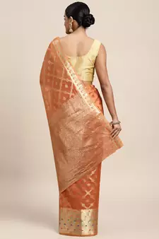 Orange Woven Organza Saree With Blouse
