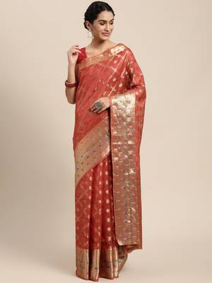 Red woven organza saree with blouse 1