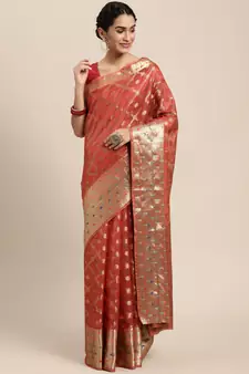 Red woven organza saree with blouse