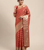 Red woven organza saree with blouse