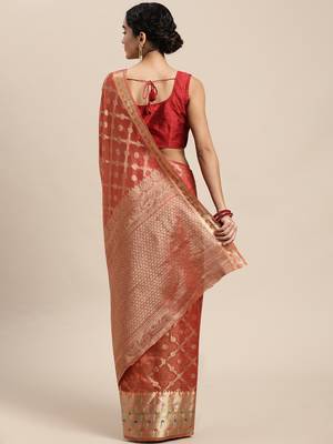 Red woven organza saree with blouse 2