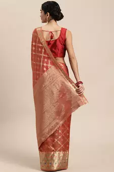 Red woven organza saree with blouse