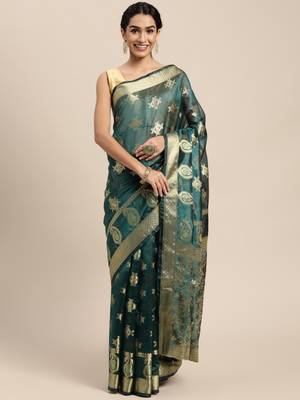 Dark Green Woven Organza Saree With Blouse 1