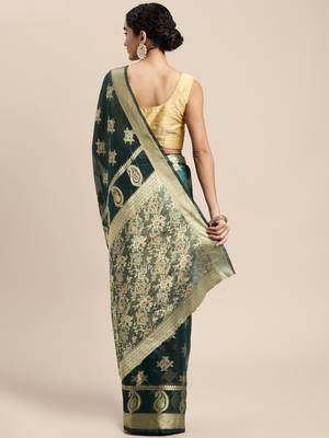 Dark Green Woven Organza Saree With Blouse 2