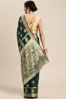 Dark Green Woven Organza Saree With Blouse