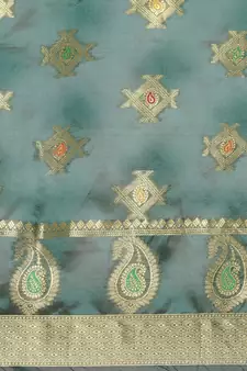 Dark Green Woven Organza Saree With Blouse