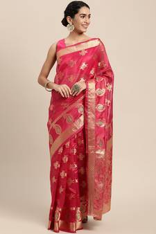 Rani Pink Woven Organza Saree With Blouse