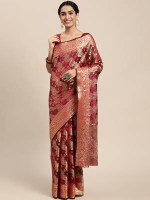 Wine woven organza saree with blouse 1