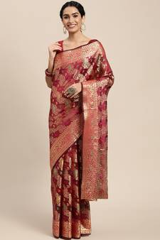 Wine woven organza saree with blouse