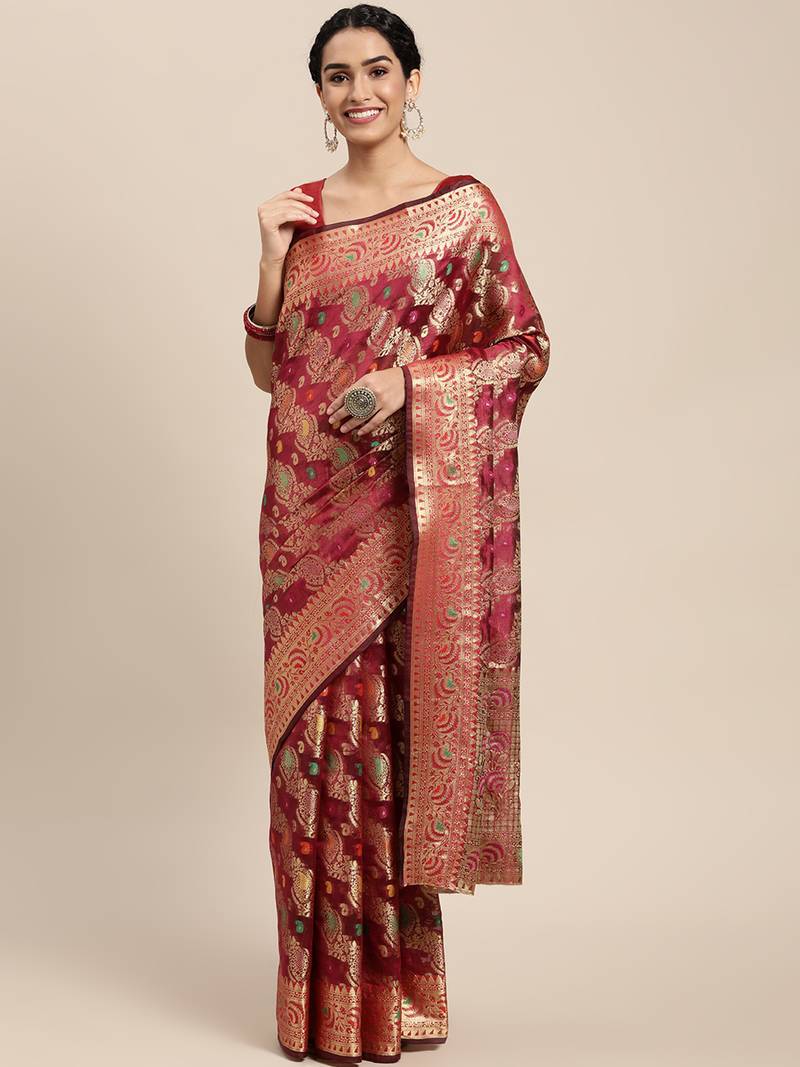 Wine woven organza saree with blouse