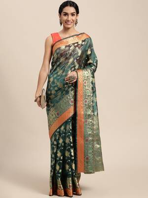 Dark Green Woven Organza Saree With Blouse 1