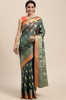 Dark Green Woven Organza Saree With Blouse