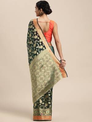 Dark Green Woven Organza Saree With Blouse 2