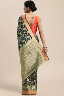 Dark Green Woven Organza Saree With Blouse