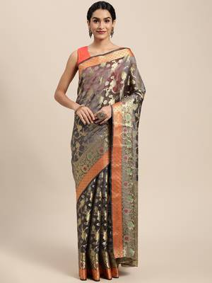 Grey Woven Organza Saree With Blouse 1