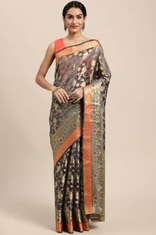 Grey Woven Organza Saree With Blouse