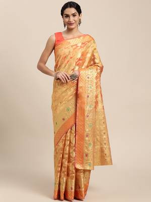 Orange Woven Organza Saree With Blouse 1