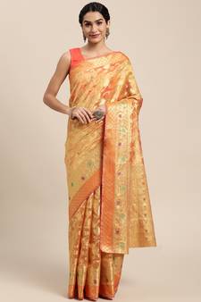 Orange Woven Organza Saree With Blouse