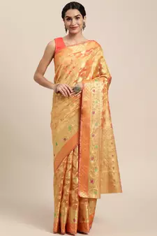 Orange Woven Organza Saree With Blouse