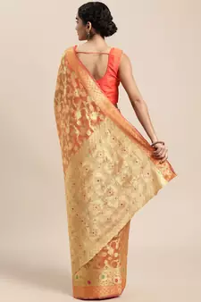 Orange Woven Organza Saree With Blouse