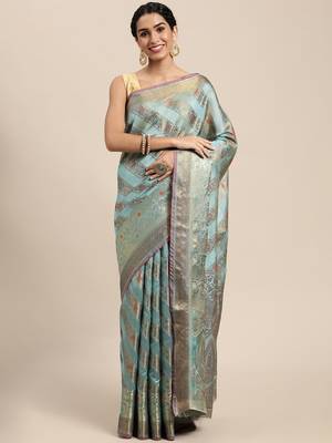 Sky Blue Woven Organza Saree With Blouse 1